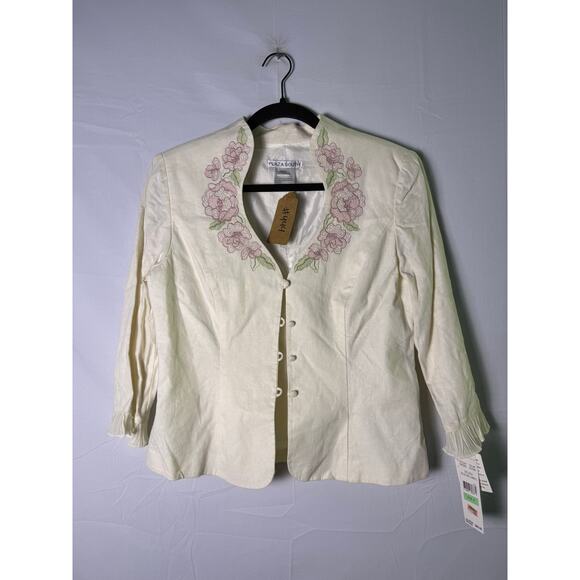 Y2K '08 Plaza South Collection White Linen Floral Button Up Blazer Jacket Size 8 - Picture 1 of 5